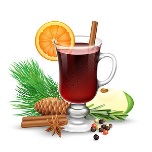 冬天诞节的红色覆盖葡萄酒红色覆盖葡萄酒冬季诞节与橙色棒八角松树枝矢量插图图片