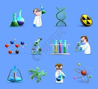 科学实验室设备图标科学图标与工作助理原子结构实验室设备隔离矢量插图图片