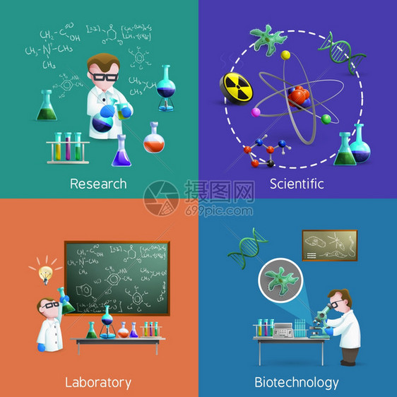 科学家实验室图标集中图标与科学家实验室矢量插图中进行实验图片