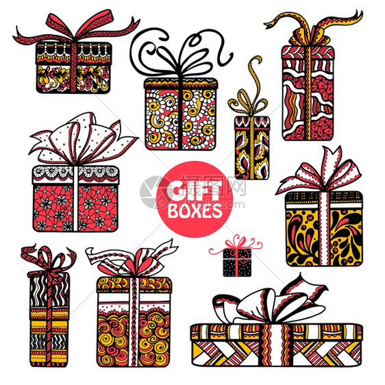 假日礼物盒彩色涂鸦节日礼物礼物盒包装彩色纸象形文字涂鸦抽象孤立矢量插图图片