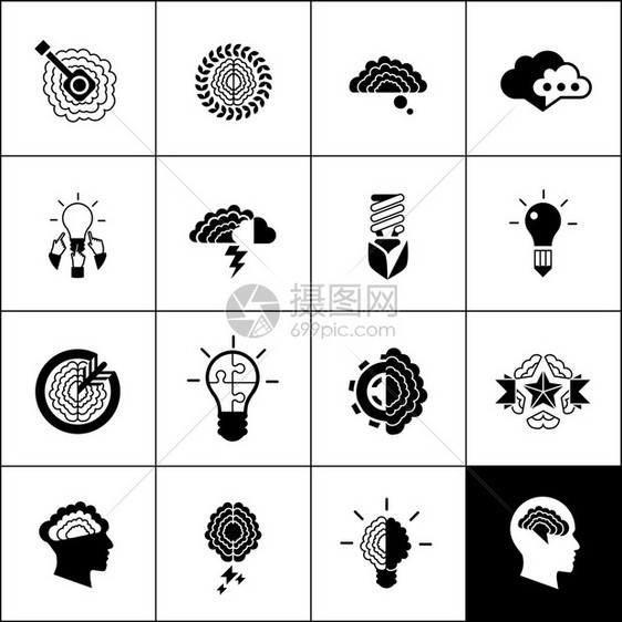 头脑风暴创意规划生产力图标黑色集合孤立矢量插图头脑风暴图标黑色图片