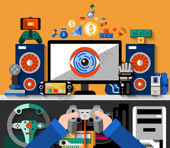电子游戏的电子游戏与电脑桌手操纵杆矢量插图图片