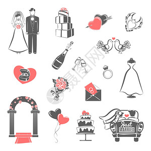 婚礼黑色红色图标传统婚礼两种颜色图标订婚夫妇新娘派配件抽象孤立矢量插图图片
