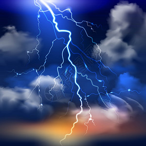 闪电背景插图闪电暴风雨的天空与重云现实背景矢量插图图片