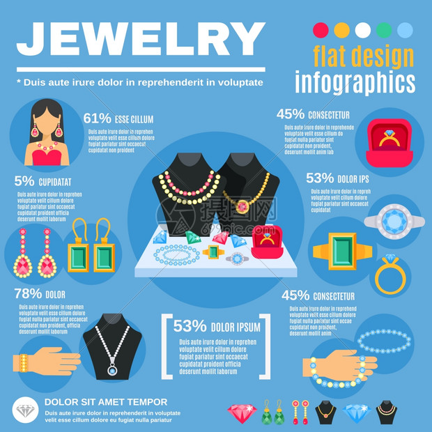 珠宝信息图集珠宝信息图集与女耳环戒指平矢量插图图片