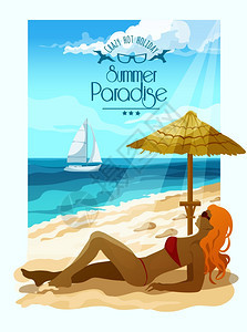 海景海报与女人海滩沙滩帆船的背景矢量插图海景背景插图图片