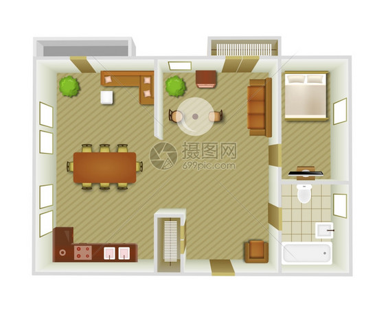 平内顶视图与客厅厨房家具矢量插图内部顶部视图图片