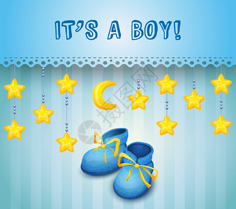 婴儿淋浴邀请男孩婴儿淋浴邀请与孩子鞋蓝色背景矢量插图图片