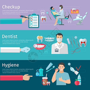 牙齿护理水平横幅牙齿护理水平横幅预防检查牙科工具卫生产品平矢量插图图片