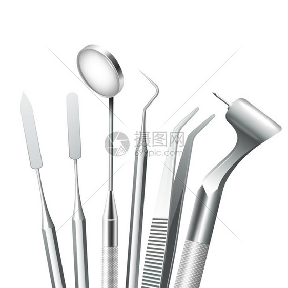 牙齿牙科医疗设备钢工具真实的矢量插图牙齿牙科设备图片
