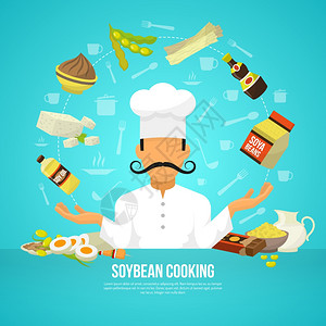大豆食品的大豆食品与平机产品厨师化身矢量插图图片