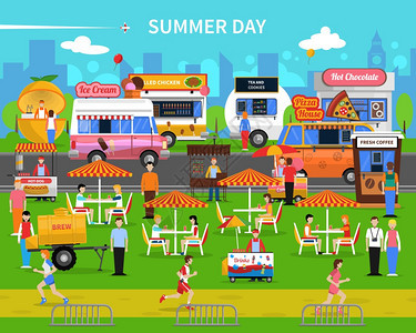 夏日背景夏日背景与街头食品推车公园平矢量插图图片