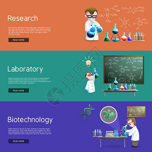 科学研究横幅科学水平横幅与助手制作生物化学研究矢量插图图片