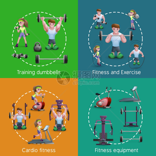 2x2适应度图像卡通风格2x2图像集展示了人们训练哑铃运动心脏健身矢量插图图片