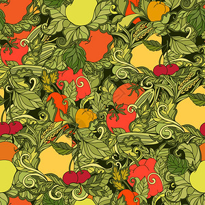 观赏叶蔬菜水果乡村风格装饰无缝彩色背景图案抽象矢量插图叶蔬菜水果无缝图案图片