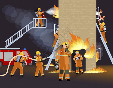 的理念与消防车燃烧房屋大队拯救儿童平矢量插图图片