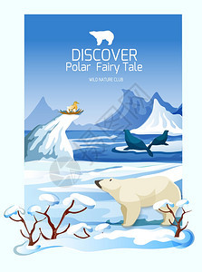 诺亨景观野生自然海报印刷北部野生动物景观海报与北极熊冰山山脉山峰背景打印抽象矢量插图图片