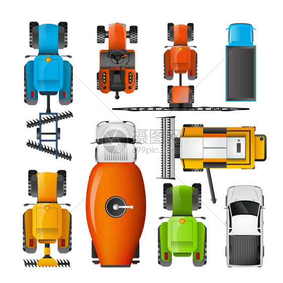 农业机械顶部视图象形图集现代农业机械彩色平象形图收集与合拖拉机收割机叉车顶部视图矢量插图图片