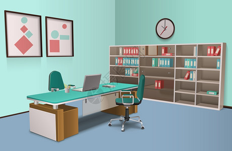现实的办公室内部大老板办公室里的写实房间为大老板提供电脑机架,墙上的抽象装饰矢量插图图片