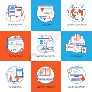 线教育上的图标平颜色图标线教育与数字图书馆视频教程,互联网研究音频书籍孤立矢量插图图片