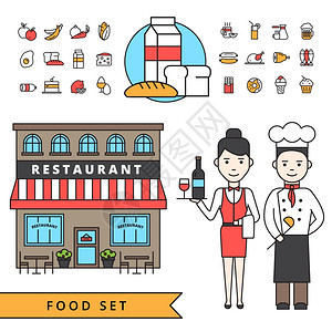 锁定集餐厅大楼附近与服务员厨师进行接,并白色背景平孤立矢量插图上食品图标图片