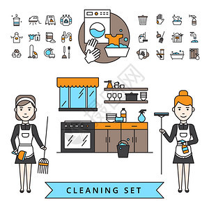 清洁清洁与女佣与拖把扫帚家庭内部家庭项目图标矢量插图图片