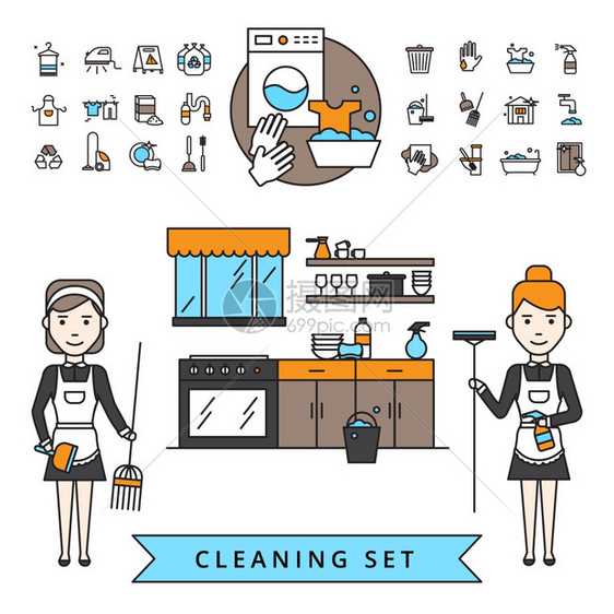 清洁清洁与女佣与拖把扫帚家庭内部家庭项目图标矢量插图图片