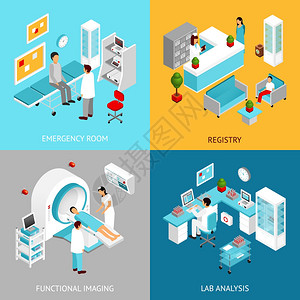 医院部门医院部门集与注册表实验室房间等距图标隔离矢量插图图片