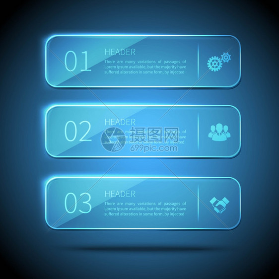信息璃板网页元素3水平璃板,用于蓝色背景矢量插图上的信息摄影图片