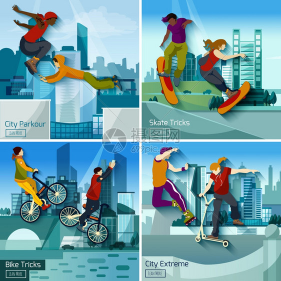 极限城市体育2x2理念集极限城市运动2x2集的跑酷滑冰自行车技巧成平矢量插图图片