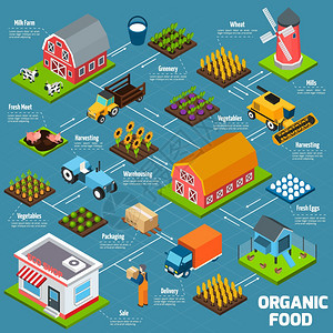 机食品等距流程图机食品生产工艺流程图与产品生长交付等距图标矢量图背景图片