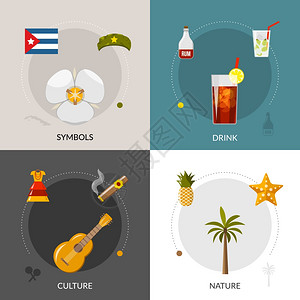 古巴4平图标正方形成古巴标志旗著名朗姆酒鸡尾酒4平图标方形构图横幅抽象孤立矢量插图图片