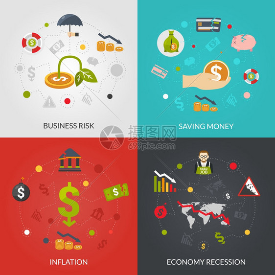 金融危机4平图标广场金融危机4平图标构成海报与通货膨胀衰退的商业风险抽象孤立向量插图图片