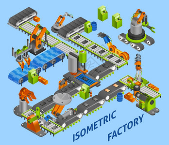 工业机器人的工业工厂与等距机器人机械矢量插图图片