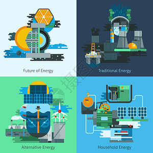 能源生产平套能源生产集与燃料电子制造平图标孤立矢量插图图片