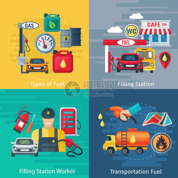 燃料站图标燃油站图标与油工汽车符号平孤立矢量插图图片
