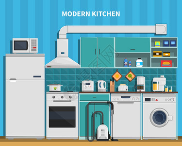 现代厨房背景现代厨房背景与家用电器平矢量插图图片