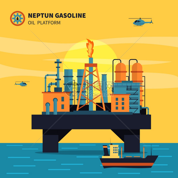 石油平台插图石油平台的石油开采与船舶海直升机平矢量插图图片