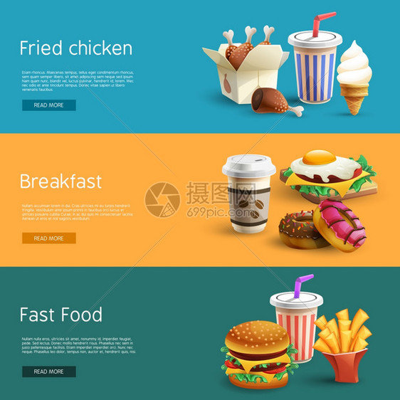 快餐选项象形文字3水平横幅快餐选择选项线信息3水平横幅彩色象形文字抽象孤立矢量插图图片