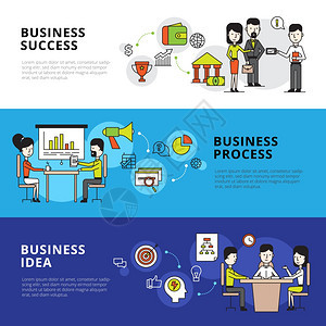 商人横幅横向横幅说明业务流程与人们结致,共同工作办公室内部矢量插图图片