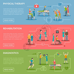 理疗康复横幅理疗水平横幅诊断康复中心与医务人员病人设备平矢量插图图片