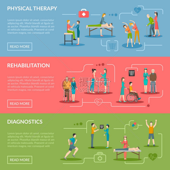 理疗康复横幅理疗水平横幅诊断康复中心与医务人员病人设备平矢量插图图片