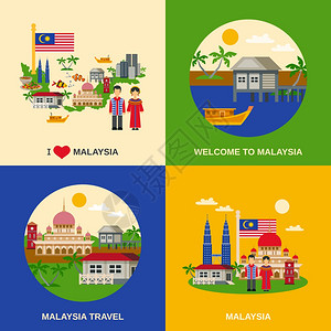 马来西亚文化4平图标广场马来西亚为旅客提供4个平图标广场成,与食品海关地标矢量孤立插图背景图片