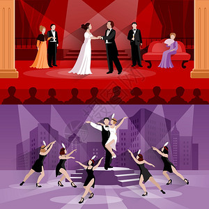 戏剧人的作品平合的2个戏剧场景,表现表演艺术家音乐矢量插图图片