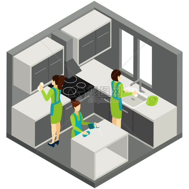 厨房清洁家庭帮助等距象形文字专业的住宅女佣穿着绿色制服,提供优质的厨房清洁服务,抽象等形图横幅矢量插图图片