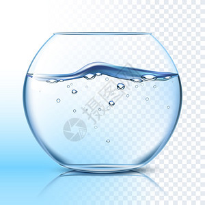 鱼缸与水平象形文字圆形璃鱼缸,干净的水波状表,灰色格子背景蓝色背景矢量插图图片