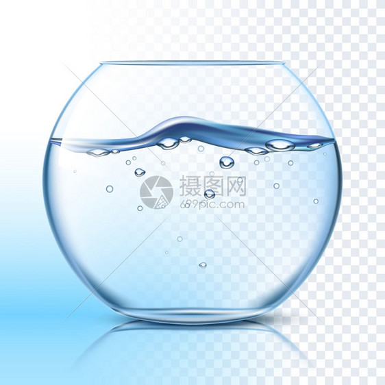 鱼缸与水平象形文字圆形璃鱼缸,干净的水波状表,灰色格子背景蓝色背景矢量插图图片