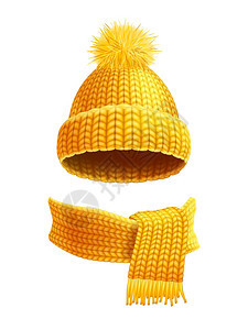 针帽子围巾平插图现代冬季针豆帽与绒球围巾黄色金色现实象形文字矢量插图图片