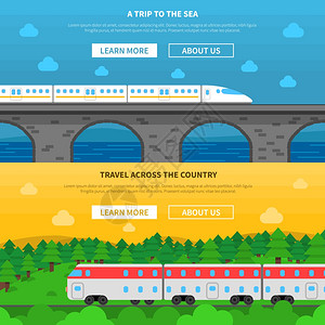铁路横幅套铁路水平横幅列车与自然背景孤立矢量插图图片