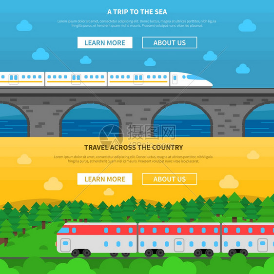 铁路横幅套铁路水平横幅列车与自然背景孤立矢量插图图片